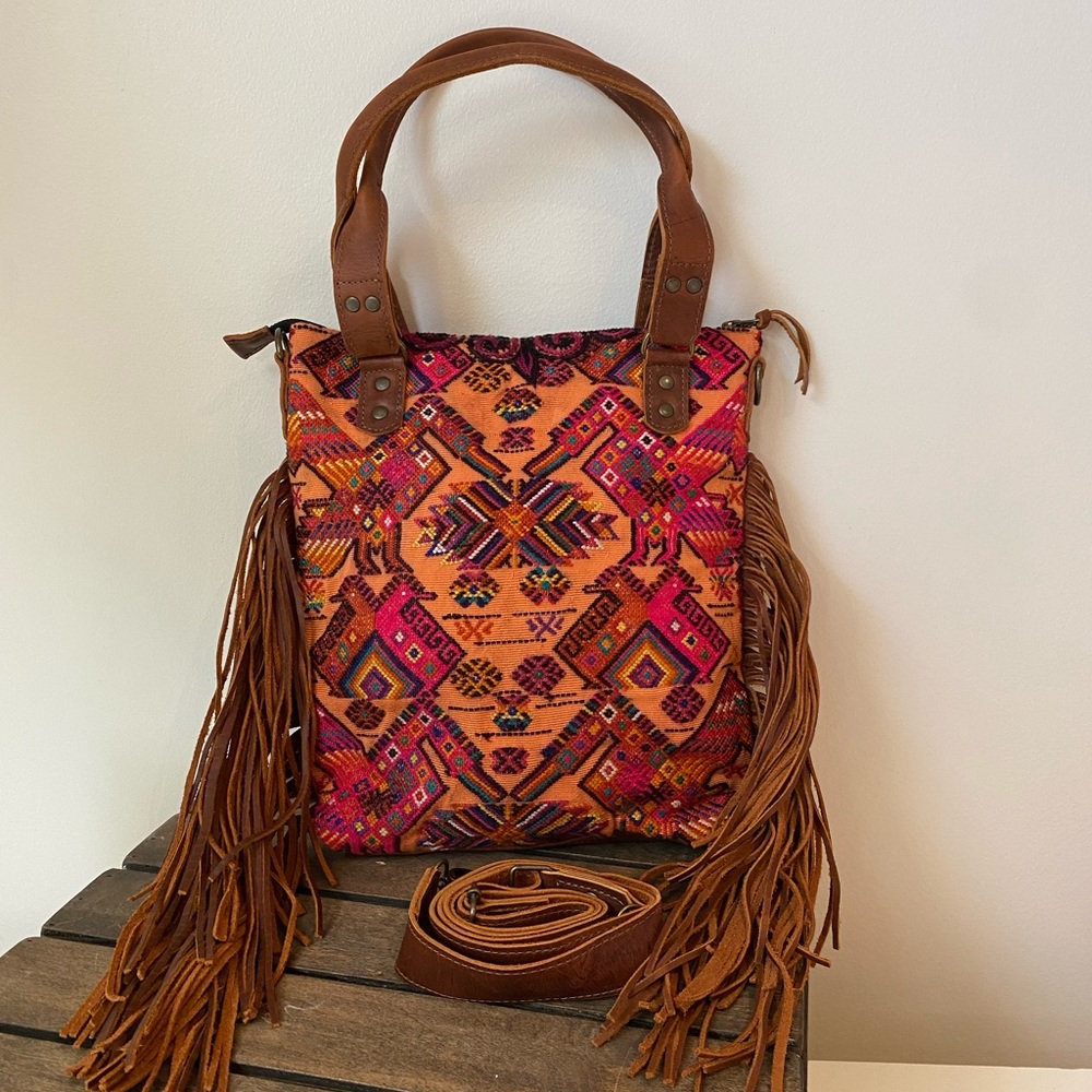 LEATHER Custom Mexican Tapestry Woven Fringe Purse & Backpack NEW